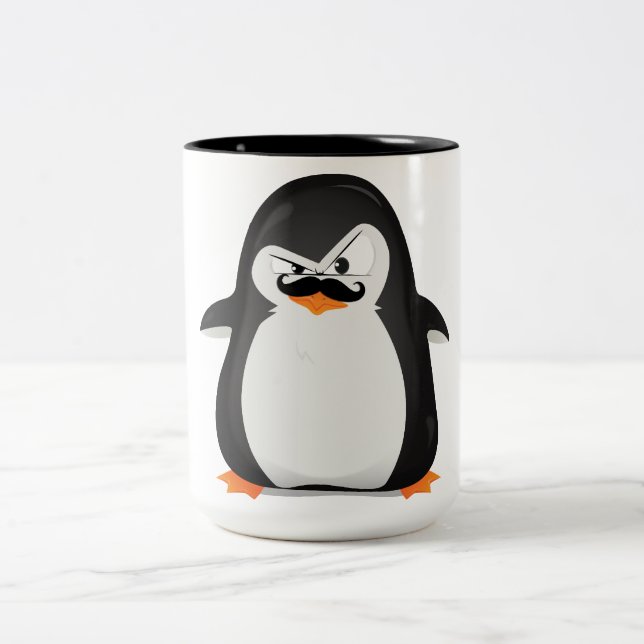 Cute Black  White Penguin And  Funny Moustache Two-Tone Coffee Mug (Center)