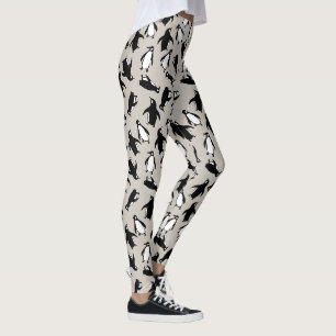 Cute black white penguin pattern grey background leggings