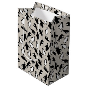 Cute black white penguin pattern grey background medium gift bag