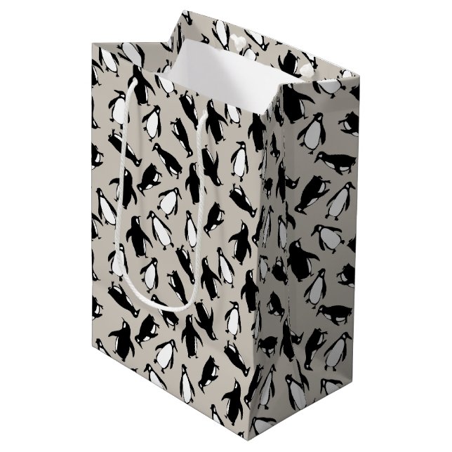 Cute black white penguin pattern grey background medium gift bag (Front Angled)