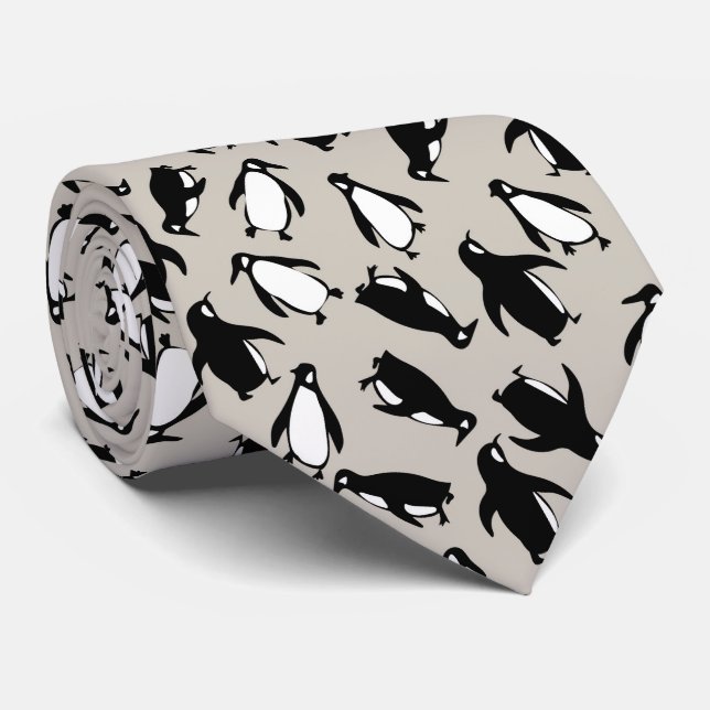 Cute black white penguin pattern grey background tie (Rolled)