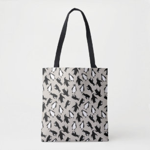 Cute black white penguin pattern grey background tote bag