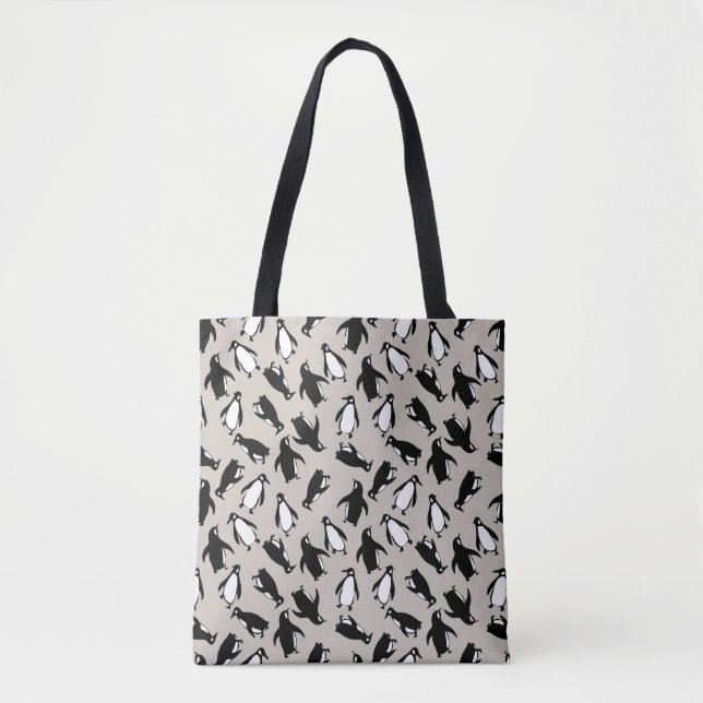 Cute black white penguin pattern grey background tote bag (Front)