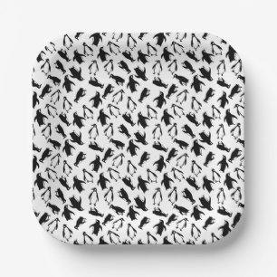 Cute black white penguin pattern white background paper plate