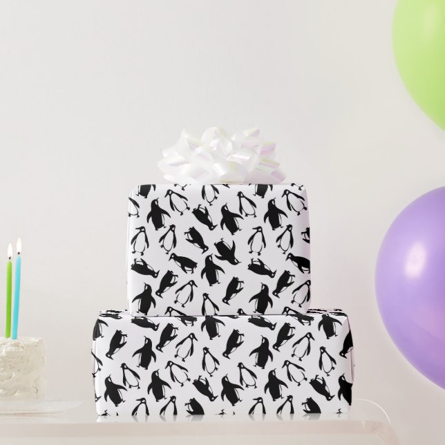 Cute black white penguin pattern white background wrapping paper (Party Gifts)