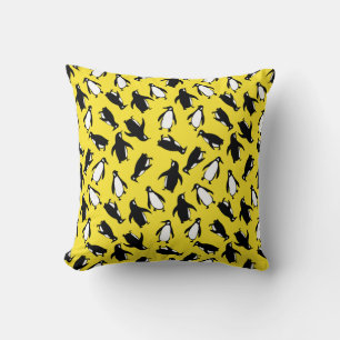 Cute black white penguin pattern yellow background cushion