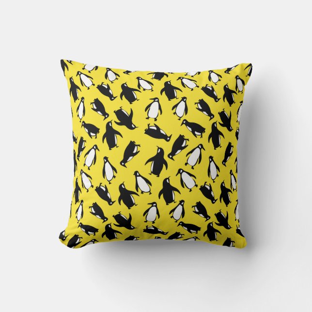 Cute black white penguin pattern yellow background cushion (Front)