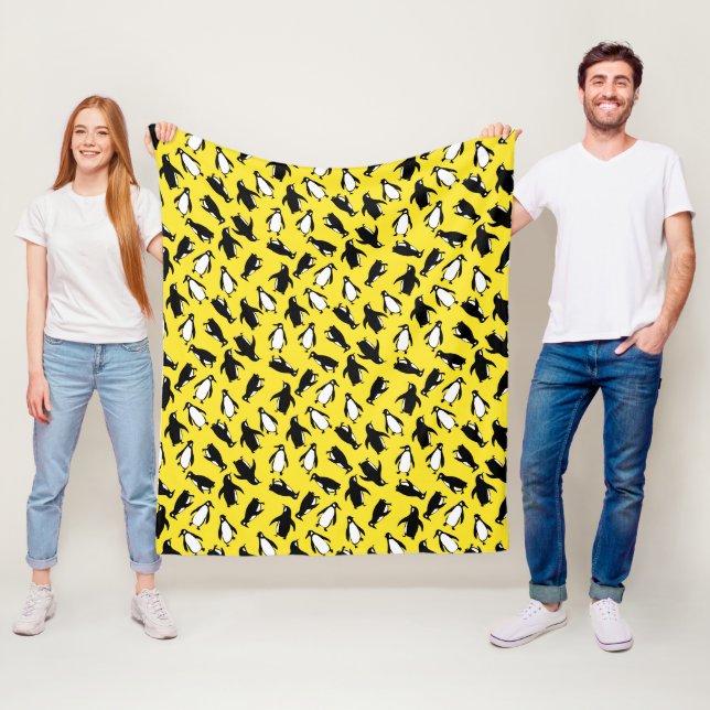 Cute black white penguin pattern yellow background fleece blanket (In Situ)