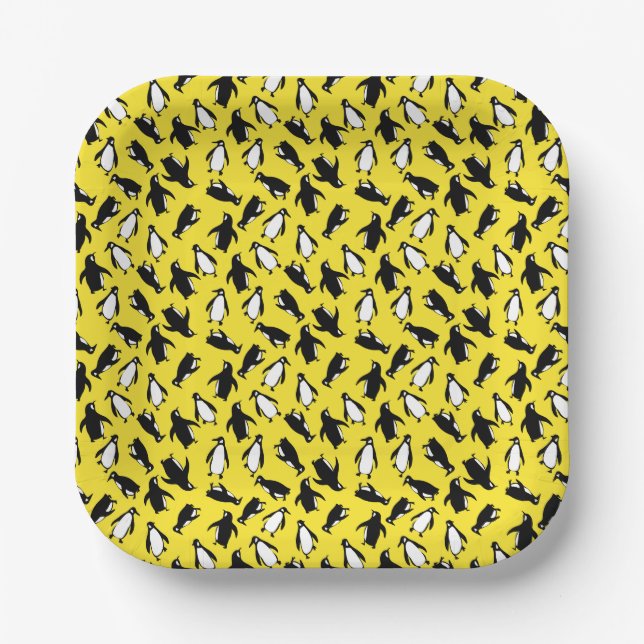 Cute black white penguin pattern yellow background paper plate (Front)