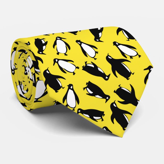 Cute black white penguin pattern yellow background tie (Rolled)