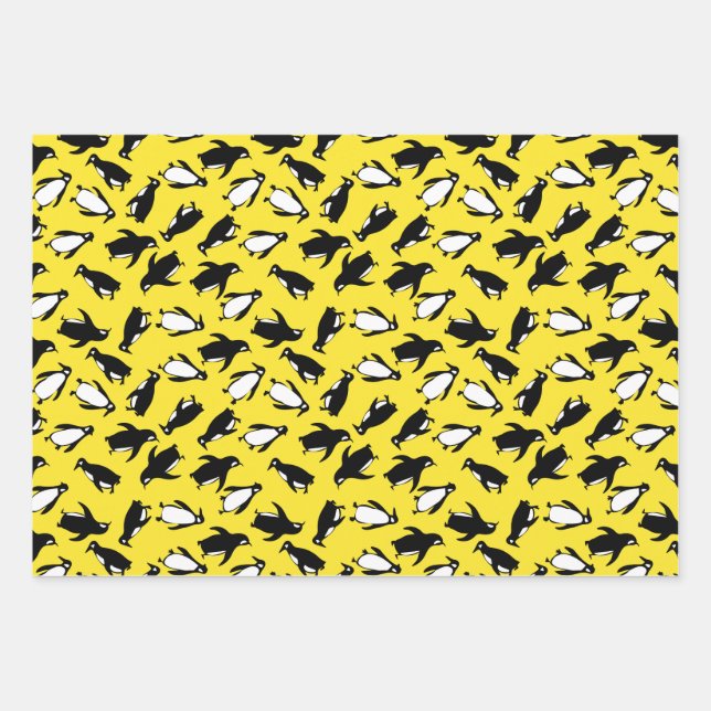 Cute black white penguin pattern yellow background wrapping paper sheet (Front)