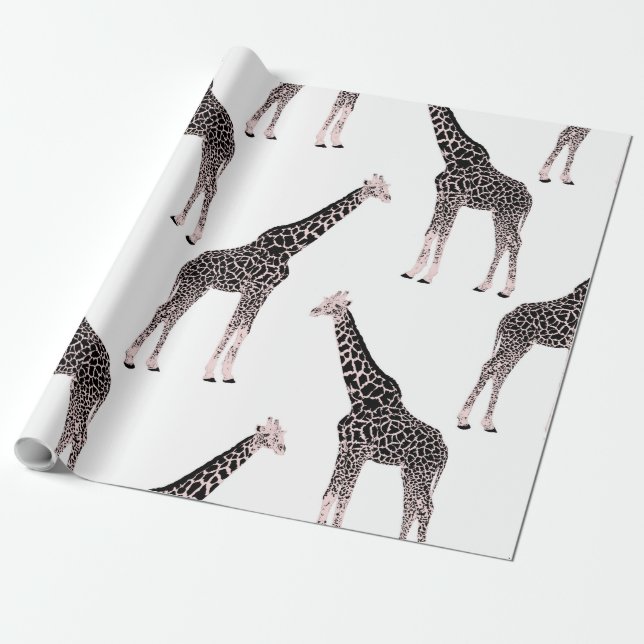 Cute Black White Pink Giraffe Wrapping Paper (Unrolled)