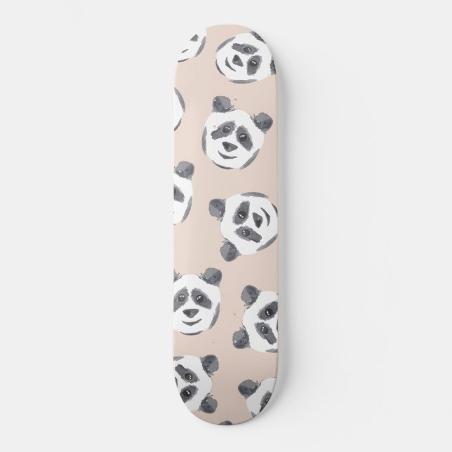 Cute Black White Pink Watercolor Panda Pattern Skateboard (Front)