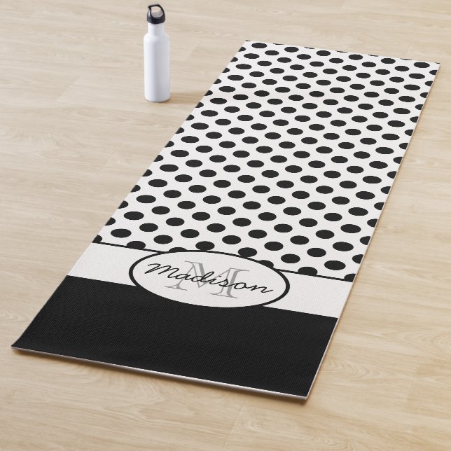 Cute Black White polka dots retro pattern Monogram Yoga Mat (In Situ)