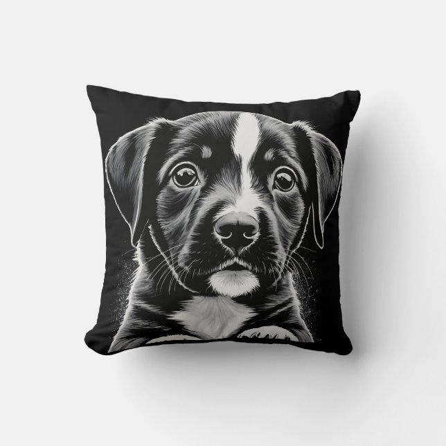 Cute Black & White Puppy – Cosy Dog Lover Pillow (Front)