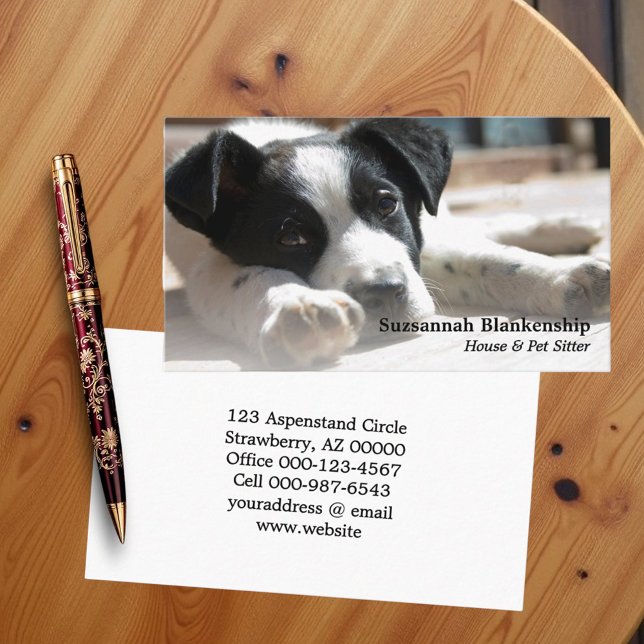 Cute Black & White Puppy Replaceable Photograph  Business Card (Business card replaceable photo and template)
