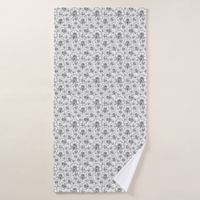 Cute black white seamless flowers patterns bath towel (Bath Towel)