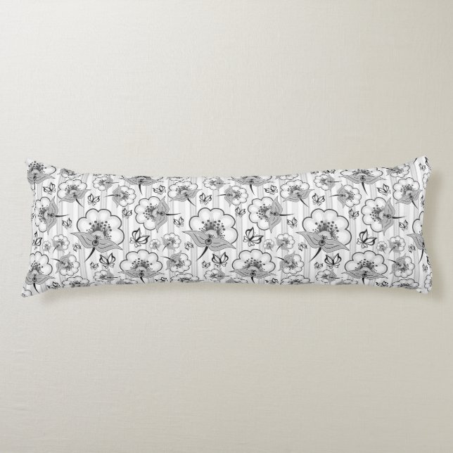 Cute black white seamless flowers patterns body cushion (Front)