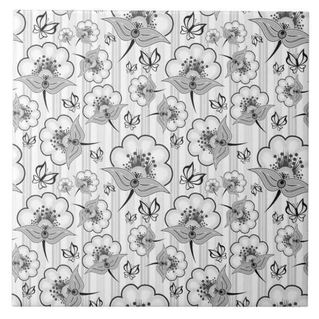 Cute black white seamless flowers patterns ceramic tile (Front)