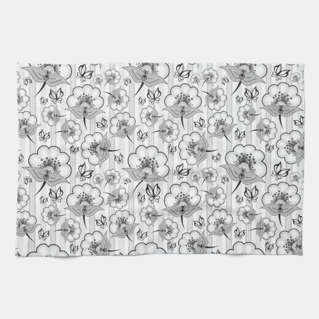 Cute black white seamless flowers patterns tea towel (Horizontal)