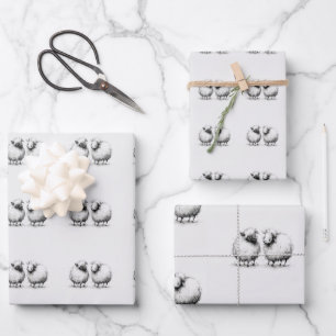 Cute Black White Sheep Lamb Ink Sketch Drawing Wrapping Paper Sheet