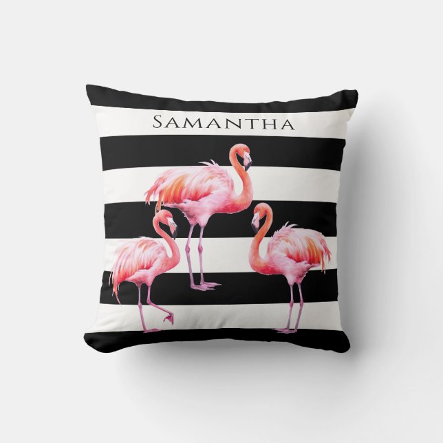 Cute Black White Stripe Pink Flamingo Custom Name Cushion (Front)