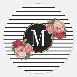 Cute Black White Striped Modern Floral Monogram Classic Round Sticker