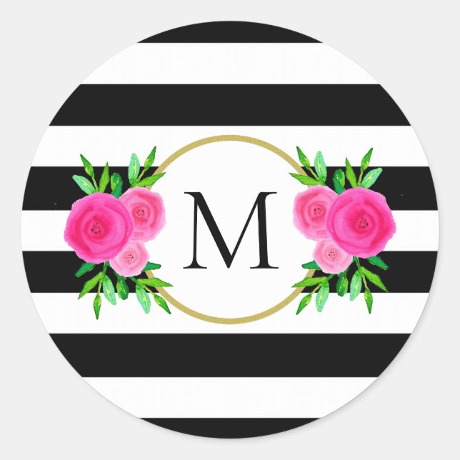 Cute Black White Striped Pink Floral Monogram Classic Round Sticker (Front)