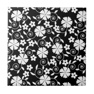Cute black white swirl flowers pattern ceramic tile