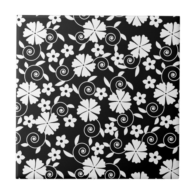 Cute black white swirl flowers pattern ceramic tile (Front)