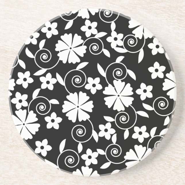 Cute black white swirl flowers pattern coaster (Front)