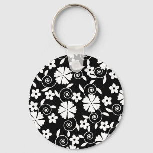 Cute black white swirl flowers pattern key ring
