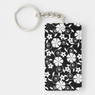 Cute black white swirl flowers pattern key ring