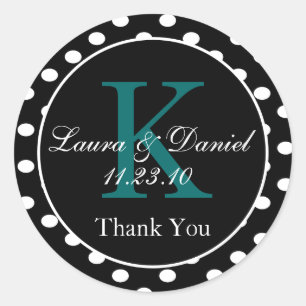 Cute Black White Teal Monogram Wedding Favour Classic Round Sticker