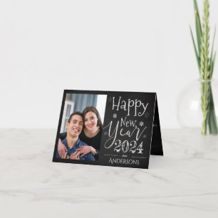 Cute Black White Typography Happy New Year Photo Card