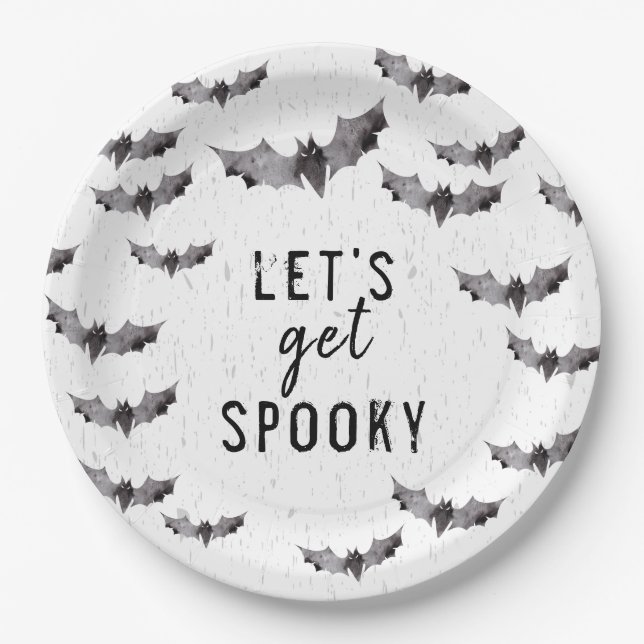 Cute Black & White Watercolor Bat Spooky Halloween Paper Plate (Front)