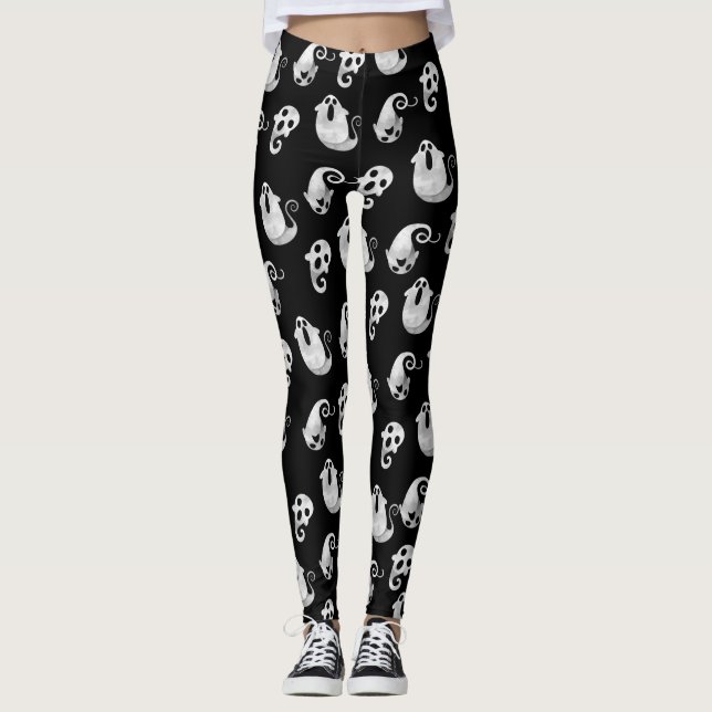 Cute Black & White Watercolor Ghosts Halloween Leggings (Front)