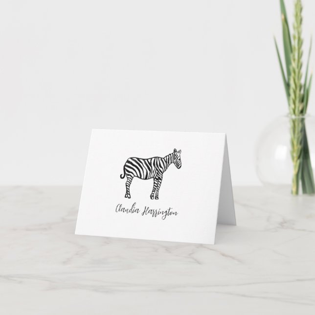 Cute Black White Zebra Hand-Illustrated Wildlife Note Card (Front)