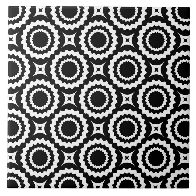 Cute black white zigzag circles design ceramic tile (Front)