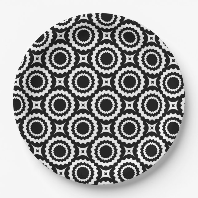 Cute black white zigzag circles design paper plate (Front)