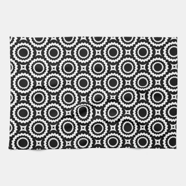 Cute black white zigzag circles design tea towel (Horizontal)