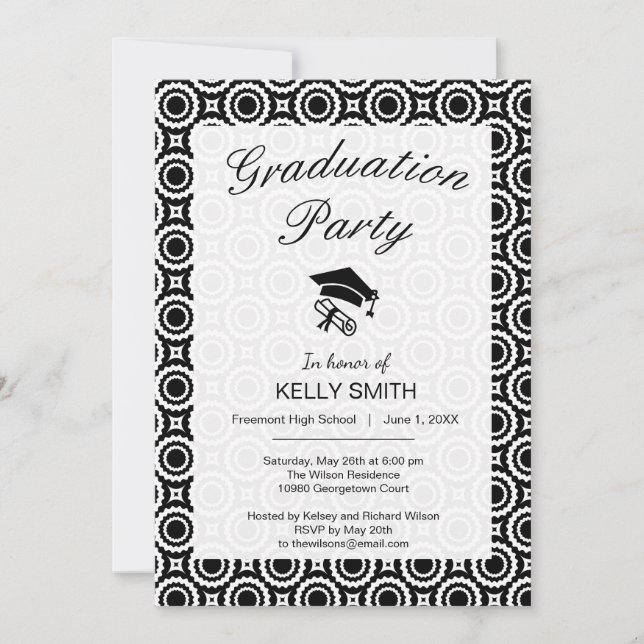 Cute black white zigzag circles graduation party invitation (Front)