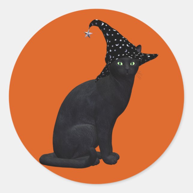 Cute Black Witch Cat Classic Round Sticker (Front)