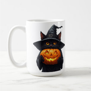 Cute Black Witch Cat Holding Glowing Pumpkin 🎃 Coffee Mug