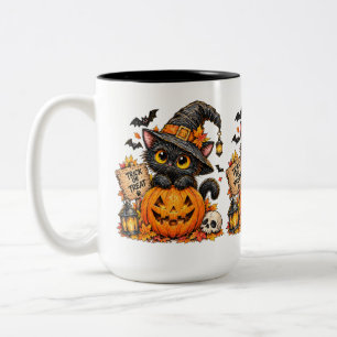 Cute Black Witch Cat on Pumpkin Halloween Trick or Two-Tone Coffee Mug