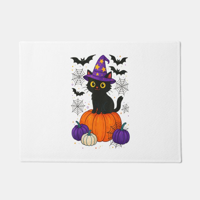 Cute Black Witch Cat Pumpkin Halloween Costume Fal Doormat (Front)