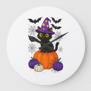 Cute Black Witch Cat Pumpkin Halloween Costume Fal Large Clock