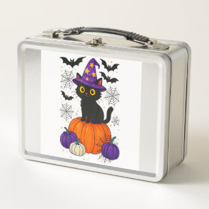 Cute Black Witch Cat Pumpkin Halloween Costume Fal Metal Lunch Box