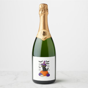 Cute Black Witch Cat Pumpkin Halloween Costume Fal Sparkling Wine Label