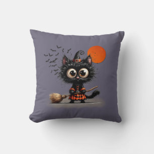 Cute Black Witch Kitten Halloween Cushion